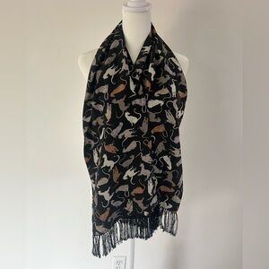 MFA Museum Of Fine Arts Boston 100% Silk Black Fringe Cat Pattern Scarf
